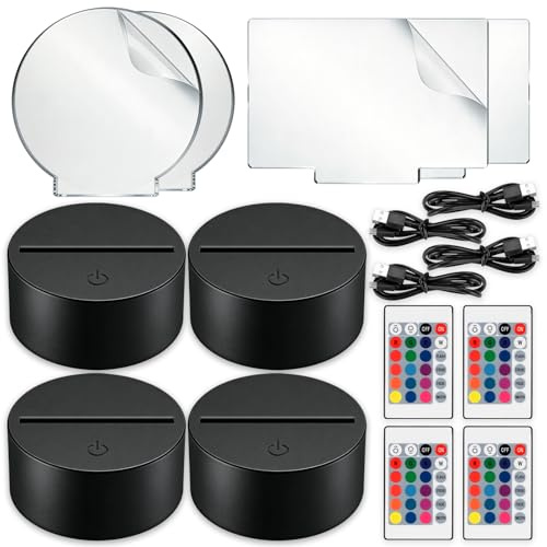 Lpluziyyds LED Night Light Base 4 Pack - 2 Square + 2 Round Acrylic Sheets, USB & AA Battery Dual Power, 16 Colors 4 Modes, 10 LED Beads, Remote Controls Included for Kitchen/Bedroom/Kids Room/Bar