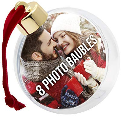Shot2go, Confezione da 8 palline portafoto per albero di Natale, oro/rosso, adatte per contenere 2 foto da 65 mm