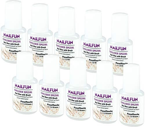 10er Set NAILFUN Tipkleber [10 x 7.5 Gramm] Nagelkleber Flasche mit Pinsel zum einfachen auftragen