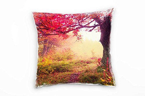Paul Sinus Art Herbst, Wald, Dunst, lichtdurchflutet, rot, grün Deko Kissen 40x40cm für Couch Sofa Lounge Zierkissen - Dekoration zum Wohlfühlen