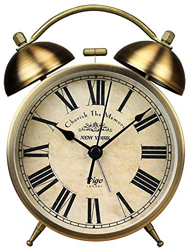 Maxspace Metal Golden Table Clock, Retro Vintage Non-Ticking Small Alarm Clock,Battery Operated Silent Quartz Movement HD Glass Desk Clock for Bedroom Living Room Indoor Decoration Kids… (Roman3)