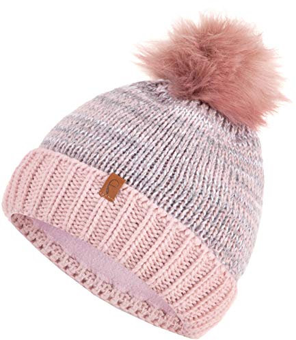 Faera Wintermütze warm gefüttert mit Kunstfell Bommel-Mütze Fleece-Futter Winter Strick-Mütze Beanie-Mütze Damen Herren One-Size 03, Farbe:Rosa