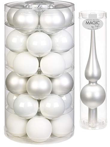 Inge Glas Weihnachtskugeln | 30 Kugeln & Spitze | Christbaumkugeln Baumspitze (Just White Spitze weiß)