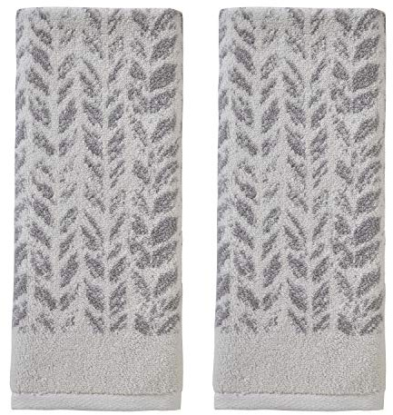 SKL Home Distressed Leaves 100% Turkish Cotton Premium 2-Piece Hand Towel Set, 600 GSM, Soft & Absorbent Jacquard, Decorative for Bath/Kitchen/Bar, Gray