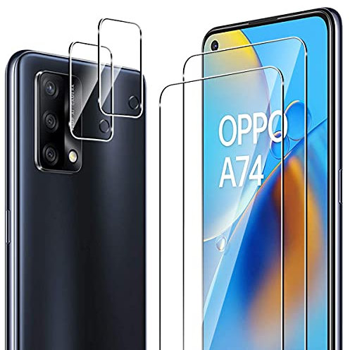 ELYCO Schutzfolie für OPPO A74 4G für Panzerglas, 2 Stück Panzerfolie + 2 Stück Kamera Schutzfolie, 9H Härte Anti-Kratzer Bläschenfrei Panzerfolie, HD Klar Displayschutzfolie und Kameraschutz