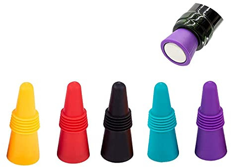 Bouchons à Vin Silicone,5 Pack Colorées Réutilisables Vide Scellant Bouchon avec Filetée pour Alcool de Boisson Champagne. pour garder le vin frais.