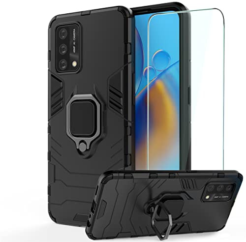 GKK DESCHE pour Coque Oppo A74 (4G) avec Anneau + Verre trempé, Coque Oppo A74 (4G) Antichoc, Coque pour Oppo A74 4G Antichoc, Coque Antichoc Oppo A74 4G Anneau, Housse Bumper Case Cove - Noir