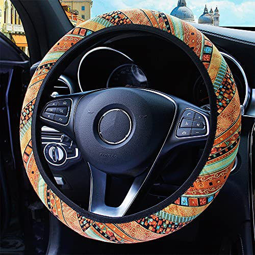Böhmen Ethnischer Stil Sackleinen Universal Auto Lenkradbezug Lenkradhüllen Lenkradabdeckung Anti-Rutsch Schweiß absorbieren Auto Wrap Lenkrad Abdeckung Lenkradschoner Autozubehör für Damen 37-38cm,F