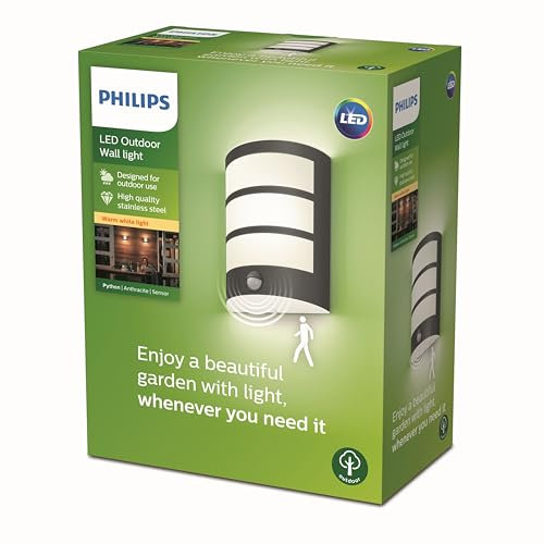 Philips myGarden LED Python Wandaußenleuchte mit Bewegungsmelder, 6W, warmweißes Licht 2.700K, 600lm, IP44 Schutzklasse, integriertes Leuchtmittel, Anthrazit