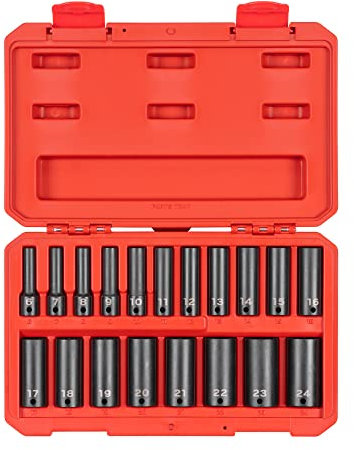 TEKTON 3/8 Zoll Antrieb Tief 12-kant Schlag-Steckschlüsselsatz mit Koffer, 19-teilig (6-24 mm) | SID91307