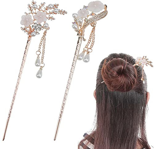 2 Pack Chinese Chopsticks With Rhinestone Pearl Flower Pin - Retro Tassel Chignon Accessories for Women and Girls