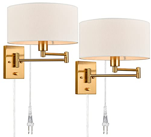 Farmhouse Plug Wall Sconces Double Set Brass Swing Arm Wall Lamp Fabric Shade