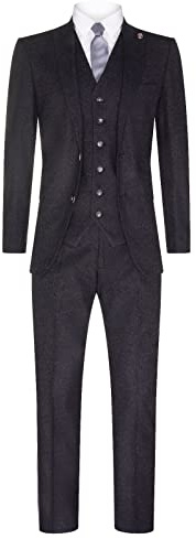 Mens Black 3 Piece, 2 Button Herringbone Tweed Wool Mix Suit Peaky Slim Fit Jacket with Waistcoat