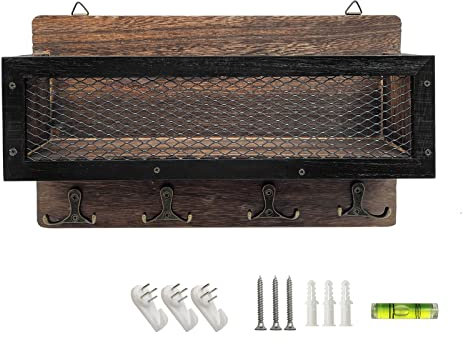 Porte-courrier et porte-clés pour décoration murale, organiseur mural en bois avec 4 crochets doubles pour clés, support mural pour clés pour entrée, rangement, salon, couloir, cuisine (marron)