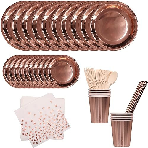 Disposable Dinnerware (Rose Gold) Party Supplies Tableware Set, Paper Plates Napkins Cups Forks Spoons Straws Napkins Disposable Dinnerware for Birthday, Anniversary Party Decor, 80pcs
