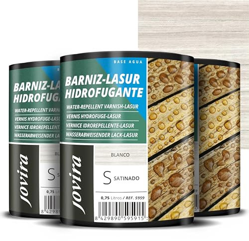 JOVIRA PINTURAS BARNIZ-LASUR Hidrofugante Protector Satinado al Agua. Protege, decora y embellece todo tipo de madera con efecto perlado. (3X750 Mililitros, Blanco) E-30-3