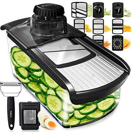 Fullstar Mandoline Slicer for Kitchen, Fruit Cutter, Cheese Grater, Cucumber Slicer, Veggie Spiralizer, Food Cutter & Kitchen Gadgets with Safety Glove (11 in 1, Stainless Steel)