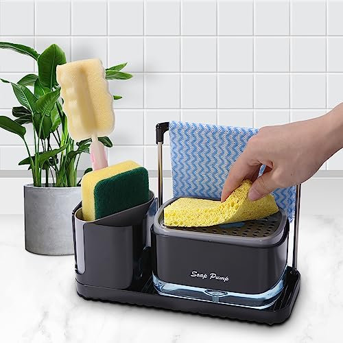 Dosificador Jabon Cocina, Organizador de Fregadero Negro con Bandeja y Soporte para Esponja, detergente Recargable,Dispensadores de Bomba de jabón y Porta esponjas