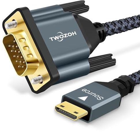 Twozoh Câble Mini HDMI vers VGA 1M. Plaqué or et Tressé Mini HDMI VGA (Mâle vers Mâle) Compatible avec Ultrabooks, Ordinateurs portables, Tablettes, Appareils photo et caméscope
