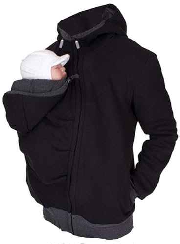 Känguru Kapuzenpullover Vater und Baby, Fleece 2in1 Männer Tragejacke Softshelljacke Warme Babytrage Mantel,Schwarz,XL