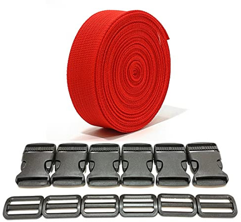 Ruban de Sac à Dos 3 m x 25 mm + 12 Boucles en Plastique, Sangle en Nylon Avec Fermoirs pour Bagages et Valises (25 mm, Rouge 148)