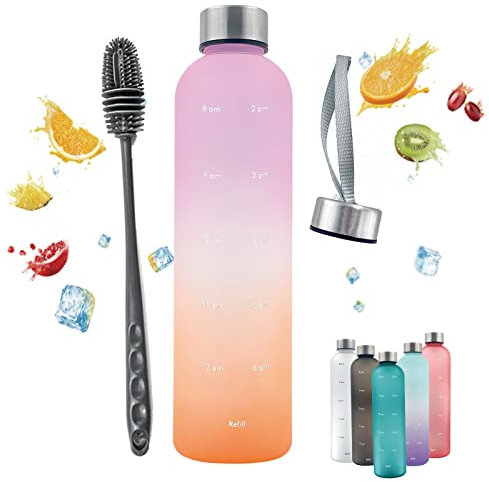 Horkos 1L Water Bottle,Motivational Time Markings,Non-Toxic BPA Free Plastic Water Bottle,Leak-Proof,1 litre Sports Bottle,1000ml Drinks Bottle for Gym,School,Cycling,Camping(Pink+Orange+cover+brush