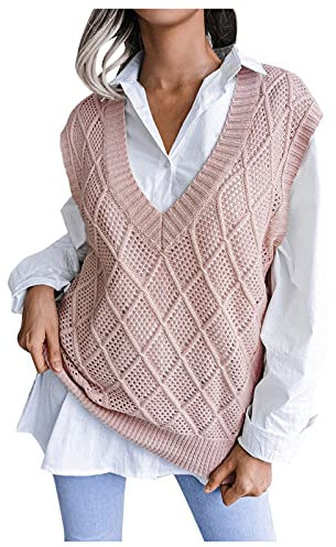 BOTCAM Gilet en tricot à col en V pour femmes Gilet en tricot sans manches avec vent universitaire, Rose 3., S
