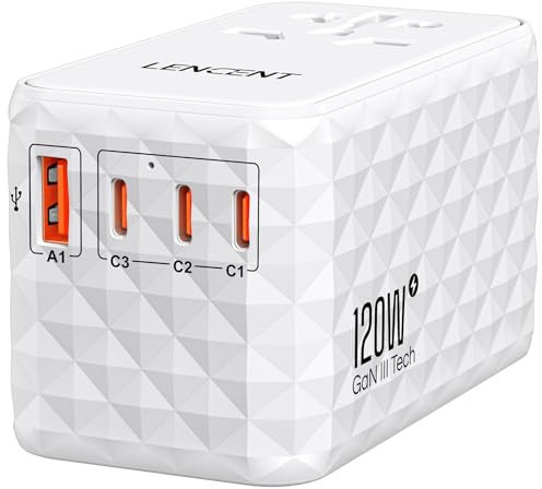 LENCENT Adaptador Enchufe Universal GAN III 120W, Cargador Internacional con 1 USB-A & 3 USB-C PD, Adaptador de Viaje Carga Rápida para Móviles, Tabletas, Portátil, UK,EU,AU,US, Blanco