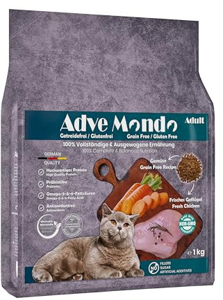 Adve® Mondo Adult Cat – Trockenfutter für ausgewachsene Katzen Aller Rassen – getreidefrei – glutenfrei – Geflügel mit Gemüse – Sensible Verdauung – 1 x 1 kg Zip-Beutel