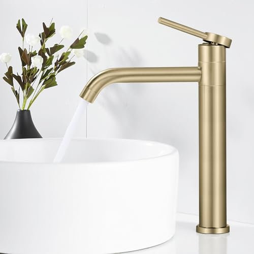 SHANFO Robinet Lavabo Doré, Rotatif à 360° Mitigeur Lavabo Haut, Robinet Salle Bain Haut, Réglable Chaud et Froid, Or Brossé, 5M4OK-T