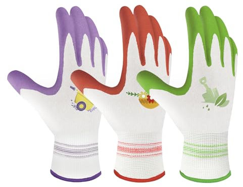 Velway 6 Paar Gartenhandschuhe für Frauen - Atmungsaktive Gummi-beschichtete Gartenarbeitshandschuhe - Outdoor-Schutzhandschuhe mit Griff Garten-Geschenke - Rot, Lila & Grün Mittel