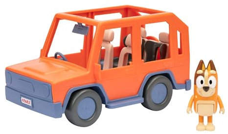 Bluey Todoterreno de los Heeler para Viajes por Carretera, Incluye una Figura articulada de Chilli, con Techo Abierto para Que entren fácilmente Cuatro Figuras Interior