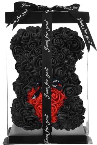 ZENZERO® - ORSO ROSA - ORSETTO ricoperto di ROSE in PE - Orsacchiotto in Confezione Regalo - Dimensioni 10 (26x17cm) - Pezzi: 1 - disponibili vari COLORI - Colore: (NERO CUORE ROSSO)