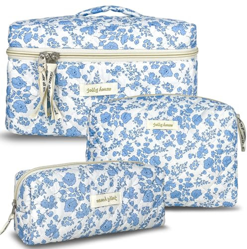 TOPALL Reise Kosmetiktasche Set Damen,Blumen Kosmetiktasche Aesthetic Make Up Bag Tasche Gesteppte Kulturtasche Beauty Case Baumwolle,Groß Schminktasche Travel Essentials Aesthetic Stuff Clean Girl
