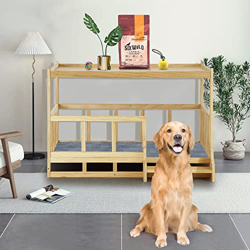 QTQHOME Etagenbett aus Holz, Haustier-Holzrahmen, Betten mit Stufen, Doppel-Hundebett, Ständer, perfekt für große/extra große Hunde, moderner Stil, wasserdicht, leicht zu reinigen, Größe L - X
