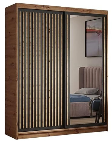 MargaretHadas24 Kleiderschrank Dora mit Lamellen und Spiegel inklusive 2 Schiebetüren Schwebetürenschrank Kleiderstange Garderobe ((Artisan, schwarz, Lamelle Artisan), 100 cm)
