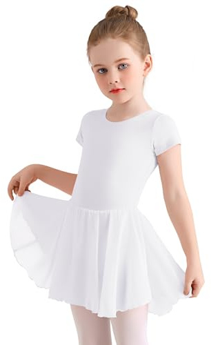 Eisnnu Ragazza Vestito da Balletto Vestito Danza Tutu Body Ginnastica Cotone Manica Corta con Chiffon Gonna Adatto all'età 2-11 Anni(Bianco,150)