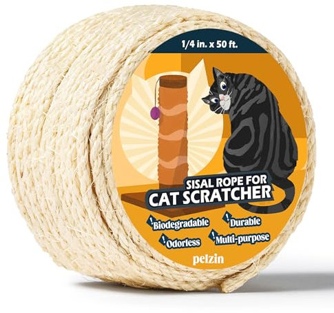 Pelzin Natural Sisal Rope for Cat Scratcher 1/4 Inch by 50 Feet, Cat Tree Rope Twine for Cat Scratching Post Replacement, Cat Tower with Scratch Post Repairing, Replace, Recovering and DIY, White