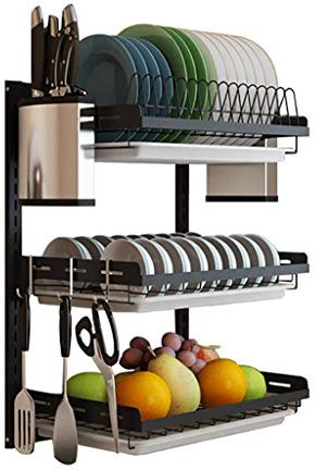 Geschirr-Trockengestell, Küchenregal, 3 Schichten aus schwarzem 201-Edelstahl, Wand-Abtropfgestell, Geschirrregal mit Messerhalter, Essstäbchenkäfig, 3 Haken, 412 266 555 cm