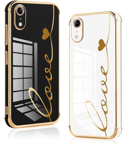 Vauki 2 Stück für iPhone XR Hülle, Silikon Handyhülle TPU Herz Motiv Schutzhülle Kameraschutz Stoßfest Bumper Case - Jungen und Mädchen Love Cover für iPhone XR, Black and White