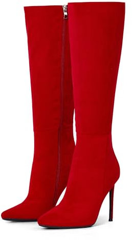 Zhabtuc Stivaletti Alti al Ginocchio da Donna 10 cm Tacco a Spillo Stivali a Punta Larghi al Polpaccio Comodi Stivaletti da Combattimento in Ecopelle, camoscio rosso, 42 EU