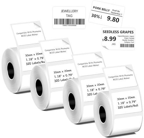 Thermal Labels Compatible With Phomemo M110/M221/M220/M120/M200 Label Printer,1.18 x 0.79 (30x20mm), 320 Labels/Roll 4 Rolls, Black on White
