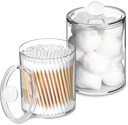 XIPENGKEJI 2 Pack Qtip Holder,Canister Apothecary Jar Set, Bathroom Jars with Lids Set for Cotton Swabs, Balls, Pads, Floss Picks,10oz-12oz Plastic Canisters Restroom Bedroom Vanity Organizer(Clear)
