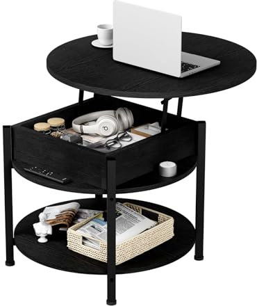 Ablefurn Black Coffee Table, 26.77” Lift Top Coffee Table with Hidden Compartment and Open Storage Shelf, 2 Tier Small Round Coffee Table Circle Central Table w/Adjustable Foot Pad for Living Room