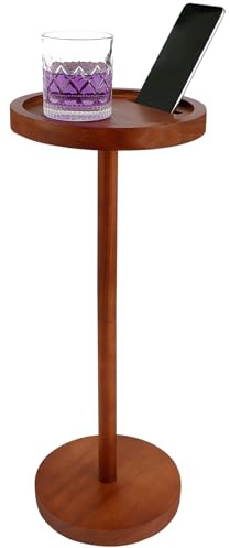 NIHUIFDPY Side Table Small Round Coffee Table Wooden End Table with Phone Holder 23.8x55cm Bedside Sofa Side Tables for Small Spaces Living Room Bedroom Balcony Patio