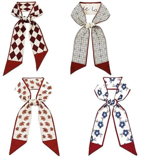 WeddHuis 4 Stück Seidenschal Seidentuch Damen Haare Gemischtes Design Satin Ribbon Seidentücher Scarf Mode Schmal Handtasche Griff Tasche Band Schal Haartuch Damen Zum Binden