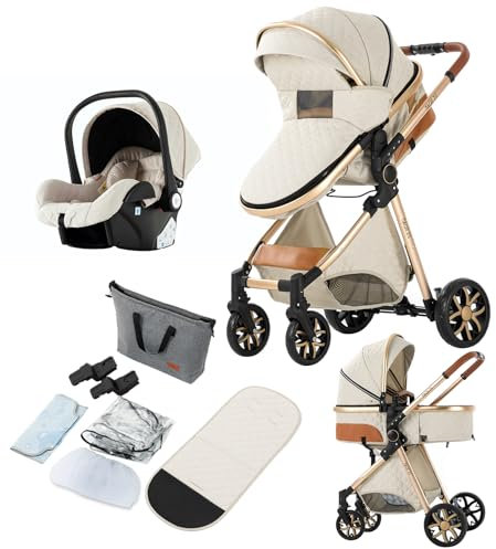Reenborn Passeggino Trio, Passeggino 3 in 1 con Due Modi Reversibili Spingere, Trio Neonati con Telaio Alluminio Paesaggistico Alto, Design Pieghevole in Un Clic (V9 Creamy White)