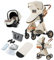 Reenborn Passeggino Trio, Passeggino 3 in 1 con Due Modi Reversibili Spingere, Trio Neonati con Telaio Alluminio Paesaggistico Alto, Design Pieghevole in Un Clic (V9 Creamy White)