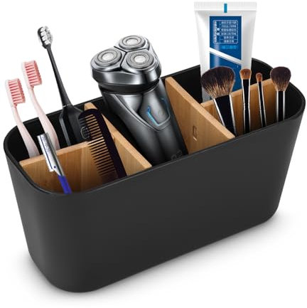 Toaren Bambus Trennwände Toothbrush Holder Zahnbürstenhalter,Herausnehmbarer Zahnputzbecher Kunststoff,Elektrische Zahnbürste Halterung Badezimmer Organizer mit 1 Zahnpastafach 4 Zahnbürstenfächer