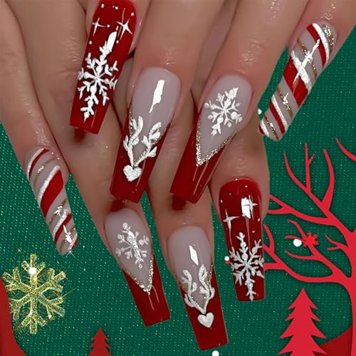 24pcs Christmas False Nails - Long Coffin Press on Nails - Square Snowflake Pattern Fake Nails with Glue - Xmas Striped French Tip False Nails - Full Cover Artificial Stick on Nails for Women Girls